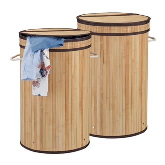Relaxdays 2x Cesto Ropa Sucia Con Tapa, Cubo Colada Plegable, Redondo, Bamb&uacute;, 65 Litros, &Oslash; 40 Cm, Natural