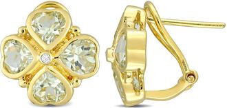 Amour 3 1/4 CT TGW Green Quartz Floral Clipback Earrings In Yellow Plated Sterling Silver