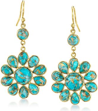 Ross-Simons Turquoise Flower Drop Earrings in 18kt Gold Over Sterling