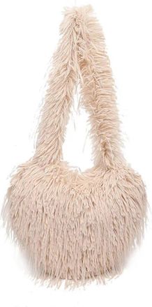 Generic Womens Plush Bags Long Plush Shoulder Bags Solid Candy Color Female Furry Crossbody Bag Heart Shape Womens Underarm Handbags(Khaki)