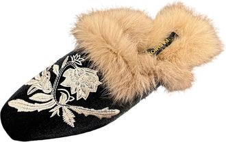Generic Womens Faux Fur Slippers Ladies Stylish Winter Warm Slippers with Floral Embroidery Slip On Mule Shoes