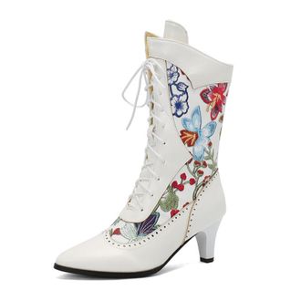 Generic Womens Lace Up Vintage Victorian Boots Pointed Toe PU Leather Short Boots Kitten Heel Mid-Calf Boot with Embroidery Stitched,White,9.5 UK