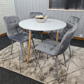Kosy Koala Kosy Koala - Dining Table and 4 Chairs White Round Wood Table 4 Grey Velvet Chairs Dining Room Furniture