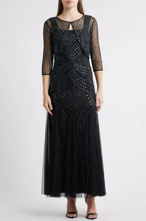 Pisarro Nights Beaded Gown with Long Sleeve Jacket in Black/Gunmetal at Nordstrom Rack, Size 4