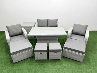 Fimous 9 PCs Rising Dining Table Set Reclining Chair Inclining Love Sofa Seat in Light Grey