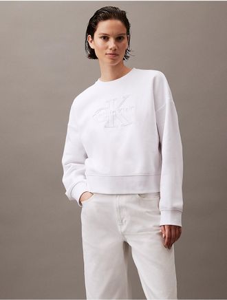 Calvin Klein Womens Monogram Logo Fleece Relaxed Crewneck Sweatshirt - White - XS