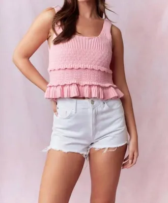 Peach Love California Ruffle Detail Heavy Crochet Tank Top In Light Pink