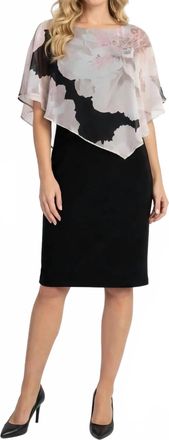Frank Lyman Design Asymmetric Floral Chiffon Overlay Dress In Black/beige