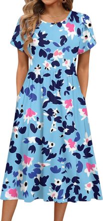 Generic Womens Summer Short Sleeve Dress Womens Clothes Skater Dresses Chic Crew Neck Floral Print Petal Short Sleeve Tied Midi Dress with Pockets Sundress fo
