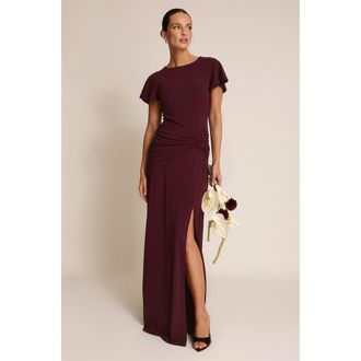 Six Stories Knot Panel Flutter Sleeve Maxi Dress in Merlot at Nordstrom, Size 6