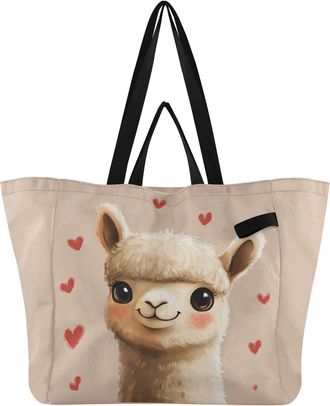 Generic Alpaca Hearts Beige pattern Reusable Canvas Tote Bag, Heavy Duty Grocery Shopping Bag with Hard Bottom Large Capacity Double Handles Work Groceries Tr