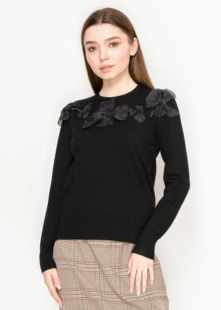 YAL New York Black Crewneck Sweater with Petal Detail