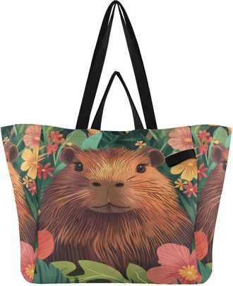 Generic Floral Capybara Green print Reusable Canvas Tote Bag, Heavy Duty Grocery Shopping Bag with Large Capacity Double Handles Hard Bottom Work Groceries Tr