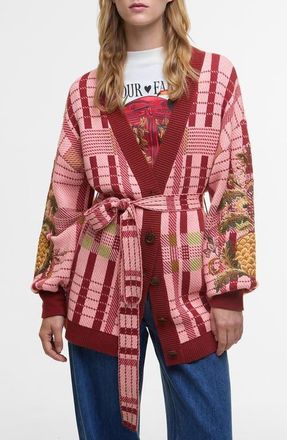 Barbour x Farm Rio Luisa Long Belted Cardigan in Pink Tartan at Nordstrom, Size Xx-Small