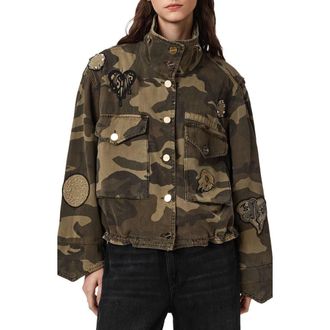 AllSaints Patch Detail Camo Print Cotton Jacket in Camo Green at Nordstrom, Size X-Small