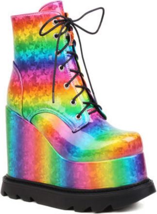 Generic Womens Wedge Heel Platform Punk Boots Round Toe Patent Leather Gothic Booties Lace Up Short Boots with Side Zipper,Color,5.5 UK