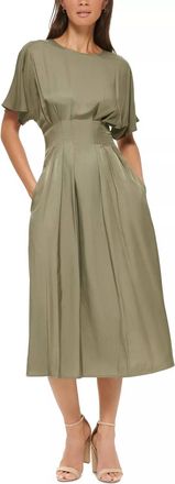 Kensie Satin Blouson Midi Dress In Olive