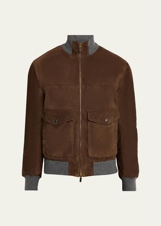 Brunello Cucinelli Mens Suede Knit-Trim Bomber Jacket