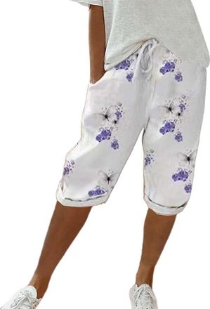 Generic Womens Shorts Knee Length Linen Shorts for Women Summer Elastic Waist Solid Shorts with Pockets Ladies Turn Up Capris Bermuda Casual Loose Comfy Baggy