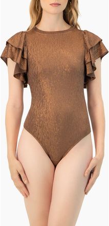 Ivonne Ruffled Sleeve Round Neck Bodysuit in Copper at Nordstrom, Size Medium
