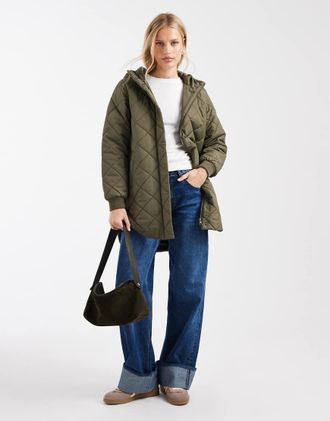 Only Cappotto lungo trapuntato con cappuccio kaki-Verde