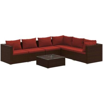 vidaXL Set Muebles De Jard&iacute;n 7 Piezas Y Cojines Rat&aacute;n Sint&eacute;tico Marr&oacute;n Vidaxl