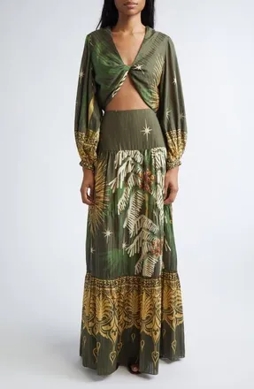 Johanna Ortiz Relatos de mi Tierra Print Silk & Cotton Dobby Tiered Skirt in Green /Yellow at Nordstrom, Size 2