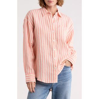 Faherty Laguna Stripe Linen Button-Up Shirt in Peach Lucy Stripe at Nordstrom Rack, Size Xx-Small