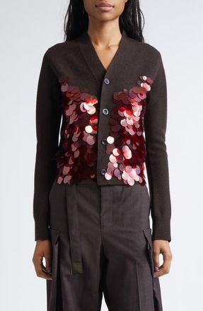 sacai Sequin Embroidered Wool Cardigan in Brown/Red at Nordstrom, Size 1