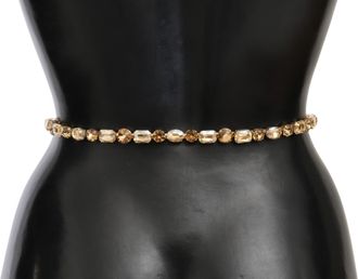 Dolce & Gabbana Womens White Leather Crystals Waist Belt Brass