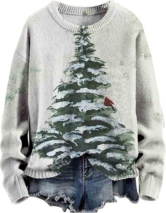 Generic FNKDOR Christmas Women Jumper Rough Knitted Sweater Sleeping Little Fox Artistic Round Neck Fashion Retro Pullover Art Printed Ladies Sweatshirts for 