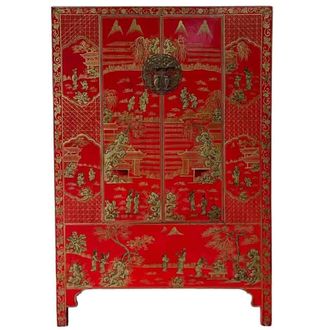 Wanderlust Deco Armario de madera artesanal pintado a mano rojo 100x45x175h cm