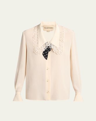 Valentino Garavani Lace-Trim Button-Down Silk Blouse With Polkadot Tie