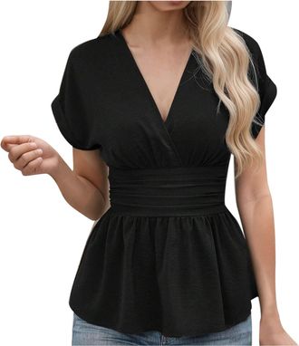 Generic Womens Elegant Peplum Tops Ruffle Trim Wrap V Neck Short Sleeve Summer Blouses Ladies Work Business Flowy Top Shirts/UK Size/Shipping 7 Days Black