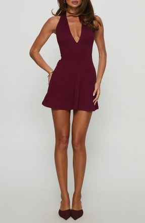 Princess Polly Hollywood Hills Plunge Neck Halter Minidress in Burgundy at Nordstrom, Size 10