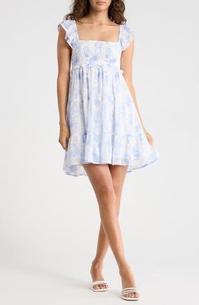 Madden Girl Ruffle Smocked Tiered Minidress in Cream Blue at Nordstrom Rack, Size X-Large