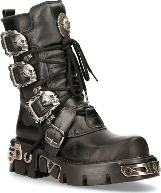 New Rock Mid-Calf Gothic Leather Boots-391-S1 in Black | Size: 6