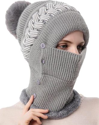 Feoya Women Winter Balaclava Pullover Knitted Hat Mask Set Warm Hooded Scarf Fleece Face Cover Ski Cap for Snowboard Outdoor Sports B-Grey