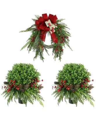 Creative Displays Inc. Farmhouse Holiday Set With Red Truck Ribbon Wreath & 2 Uv Boxwood Drop-Ins