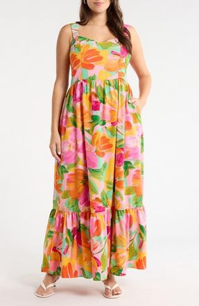 Sugarlips Jovana Floral Smocked Tie Shoulder Maxi Dress in Pink/Multi at Nordstrom, Size 1 X