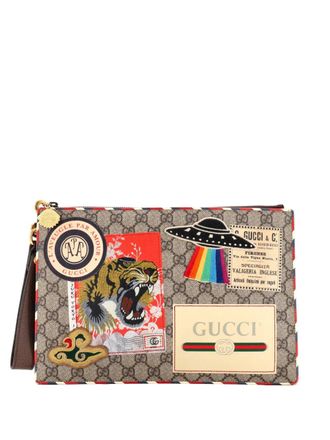 Gucci Courrier Pouch GG Coated Canvas with Applique clutch bag - Bruin