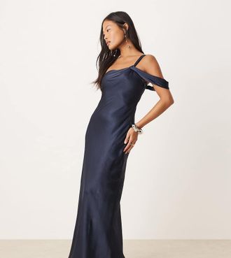 Ever New Petite off shoulder satin midaxi dress in cobalt-Blue