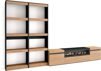Skraut Home Skraut Home - Muebles De Sal&oacute;n Para Tv, Conjunto De Muebles Comedor, 320x186x35cm, Para Tv Hasta 80, Chimenea El&eacute;ctrica, Estilo Moderno, Roble Y Negro
