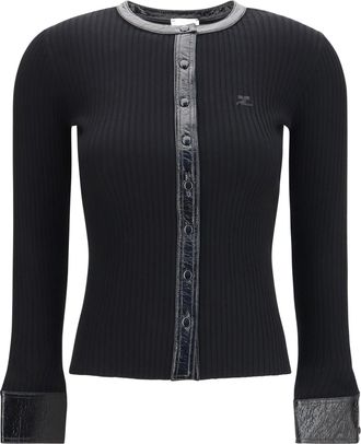 Courr&egrave;ges Womens Vinyl-Knit Cardigan Black Viscose Sweater