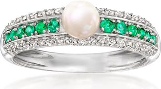 Ross-Simons 4.5-5mm Cultured Pearl,. Diamond and. Emerald Ring in Sterling Silver