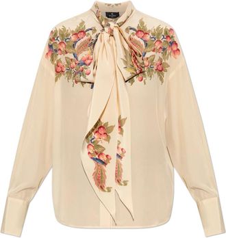 Etro Zijden Blouse met Bloemendessin - Dames - Overhemden - Beige - S - Overhemden