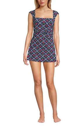 Lands End Chlorine Resistant Square Neck Ruched Swim Dress One Piece Swimsuit in Cherries/deep Sea Navy Plaid at Nordstrom, Size 26W