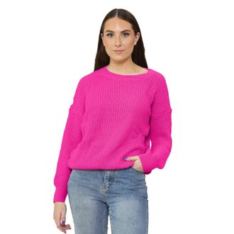 Janisramone Womens Chunky Knitted Oversized Jumpers, Long Sleeve Baggy Fisherman Sweater, Lightweight Crew Neck Jumper, Pull Over Warm Chunky Sweater Women Neon P