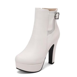 Generic Womens Ankle Boots Metal Buckle Strap Platform Sole Stiletto Heel Side Zip Round Toe Smooth PU Upper Color Block Detail Stylish Durable Design,White,3