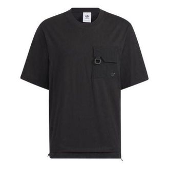 adidas originals Solid Color Pocket Splicing Round Neck Short Sleeve Black HE6616